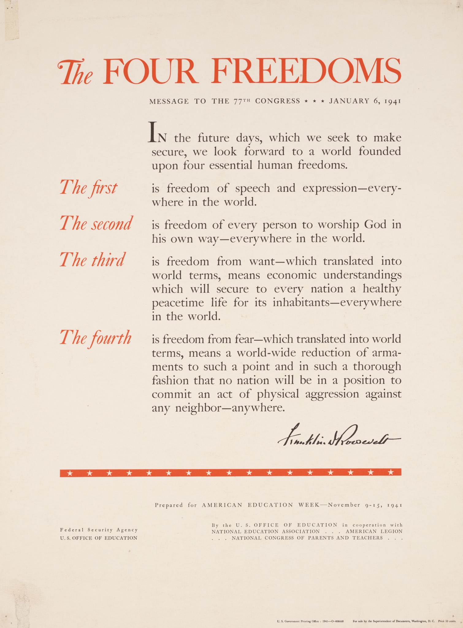 1941 The Four Freedoms. Franklin D Roosevelt