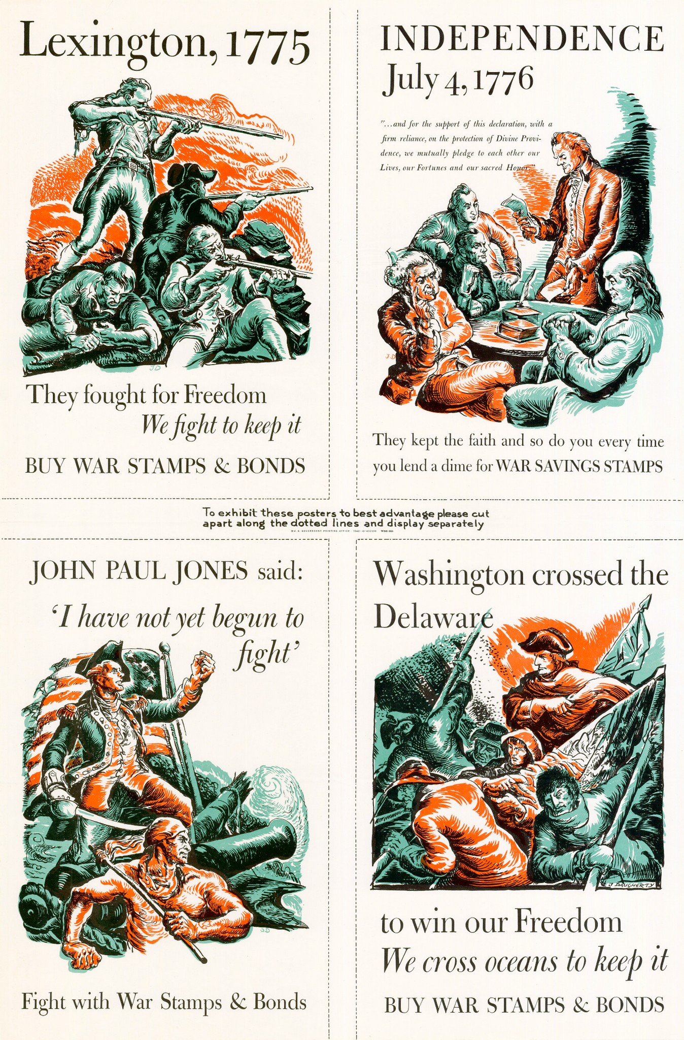 1942 Lexington, Independence, Johan Paul Jones, Washington crossed the Delaware. Stamps and Bonds