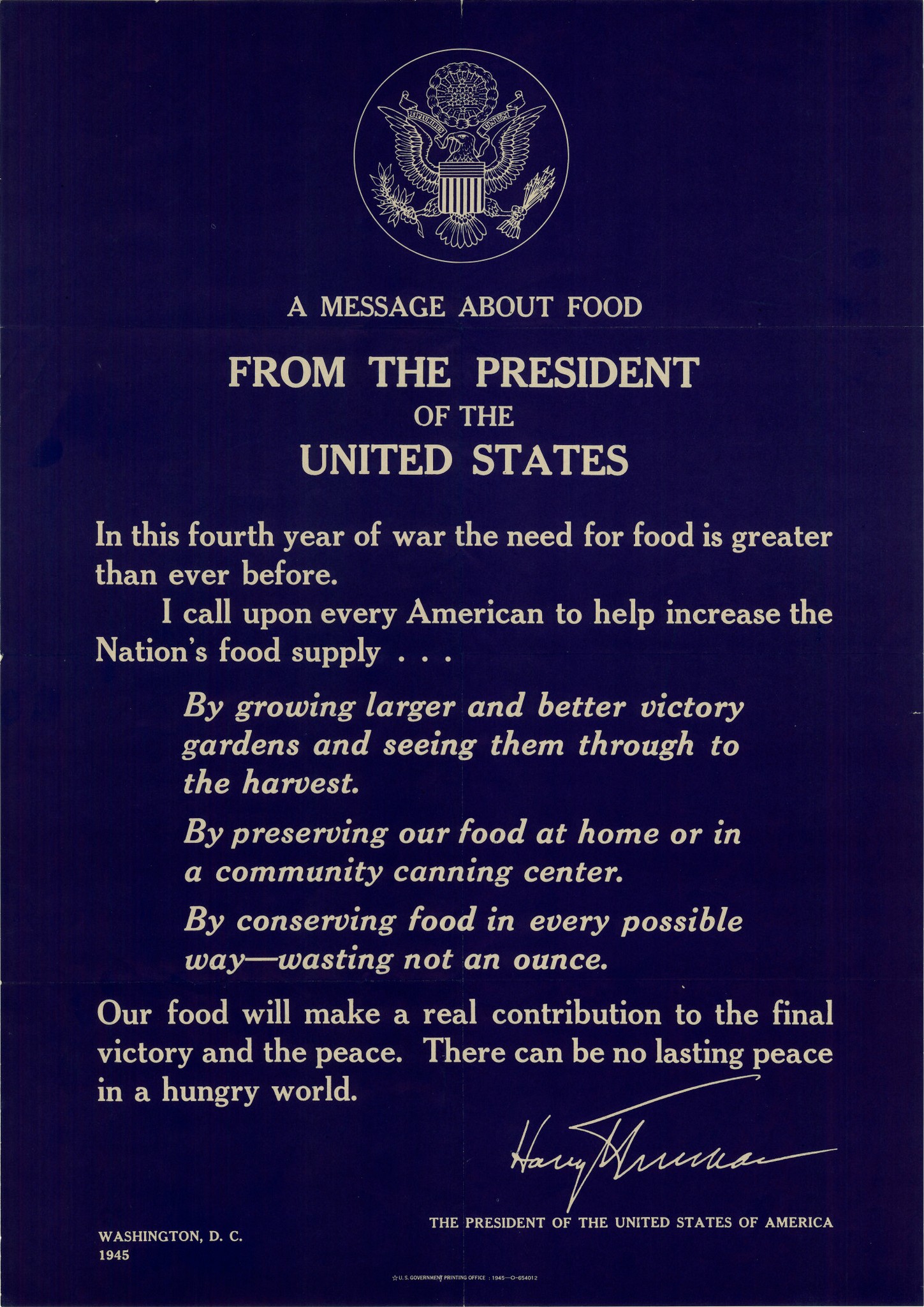 1945 A Message About Food From The President Of The United States