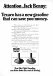 1968 Attention, Jack Benny. Texaco has a new gasoline that can save you money