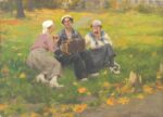 Group of Bolsheviks - man and two girls in a field by Ivan Vladimirov