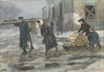 Miserable life of intelligent and noble Russian families in Petrograd during the revolution. A family of an engineer dragging home some fuel (1919 January) by Ivan Vladimirov
