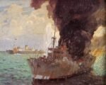 1942 HMAS Manoora sinking merchant vessel Romolo by Frank Norton