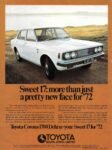 1972 Toyota Corona 1700 Deluxe. Sweet 17, more than just a pretty new face for '72